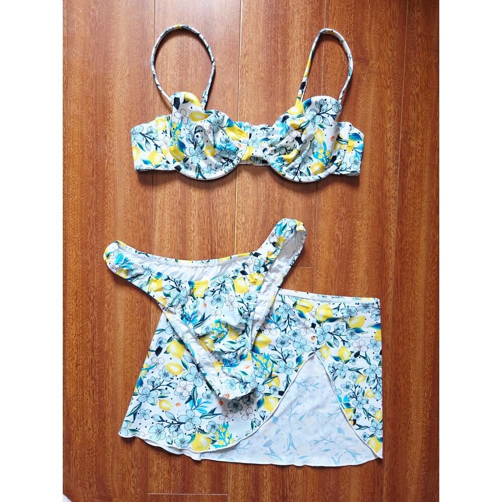 Blackbough Limoncello 3 Piece Bikini Top (Med) Bottoms (S) Skirt (S) Lemon Print